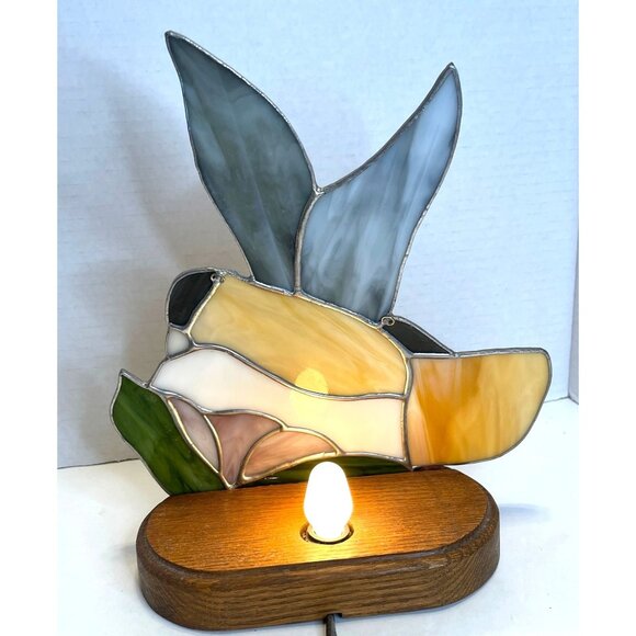 TIFFANY STYLE Stained Glass Hummingbird Flower Table Lamp Night Light Wood Base - Picture 4 of 10